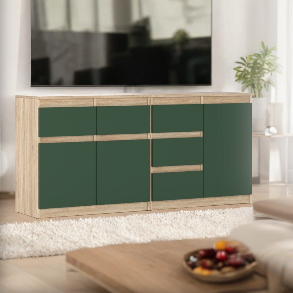 Komoda Szafka 160cm Salon 5 Szuflad Nowoczesna Dąb Sonoma Butelkowa Zieleń