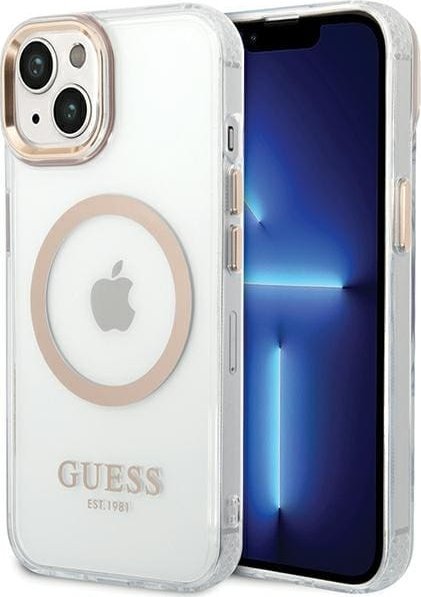 Guess GUHMP15MHTRMD iPhone 15 Plus / 14 Plus 6.7" złoty/gold hard case Metal Outline Magsafe