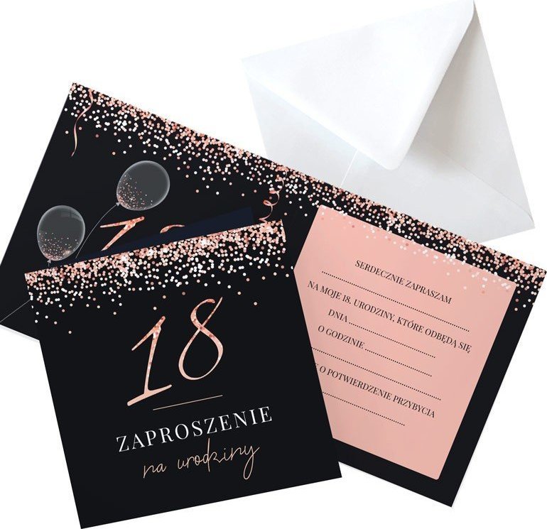 ZAPROSZENIA na 18 urodziny Rosegold Black 10szt (+koperty)