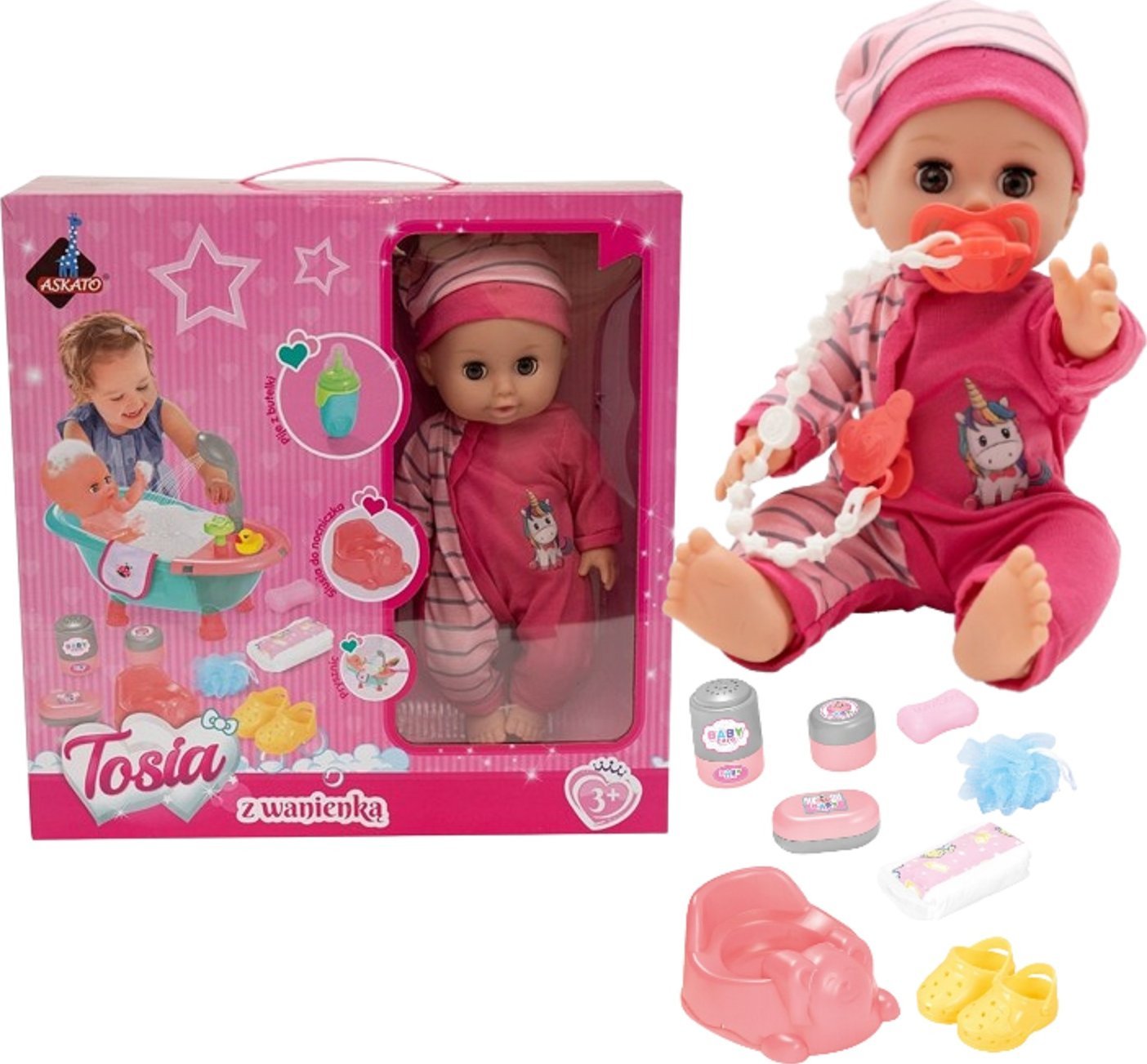 Askato Lalka Tosia z wanienką w różowym Ubranku z Akcesoriami