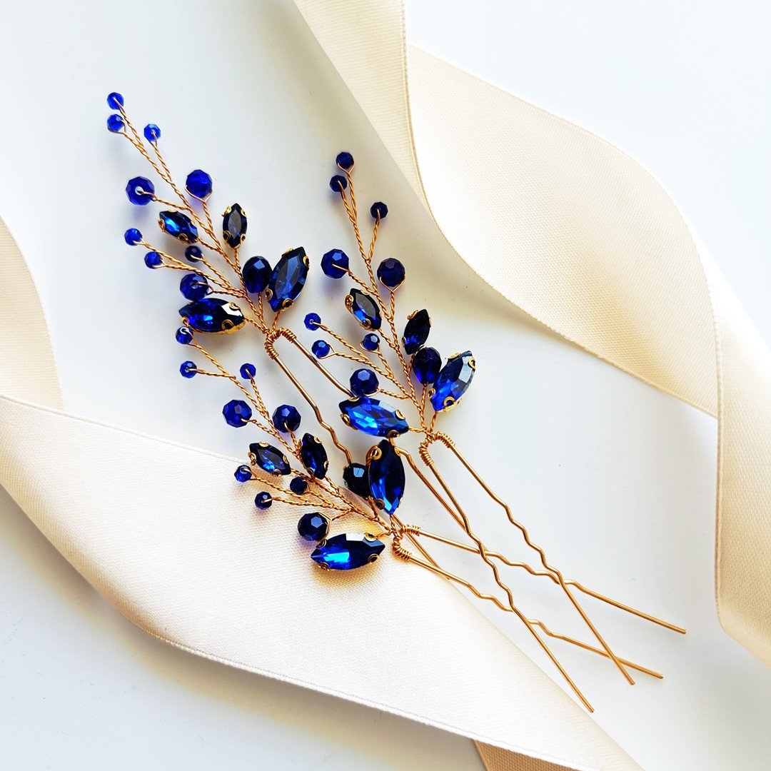Zestaw szpilek kokówek złotych niebieskich do fryzury WIECZOROWEJ listki