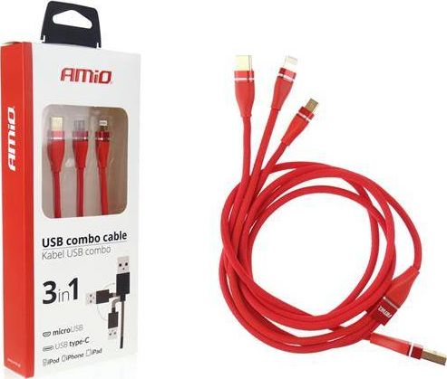 Kabel USB AMiO USB-A - USB-C + microUSB + Lightning 1.2 m Czerwony (V31AC-AMI-02178)