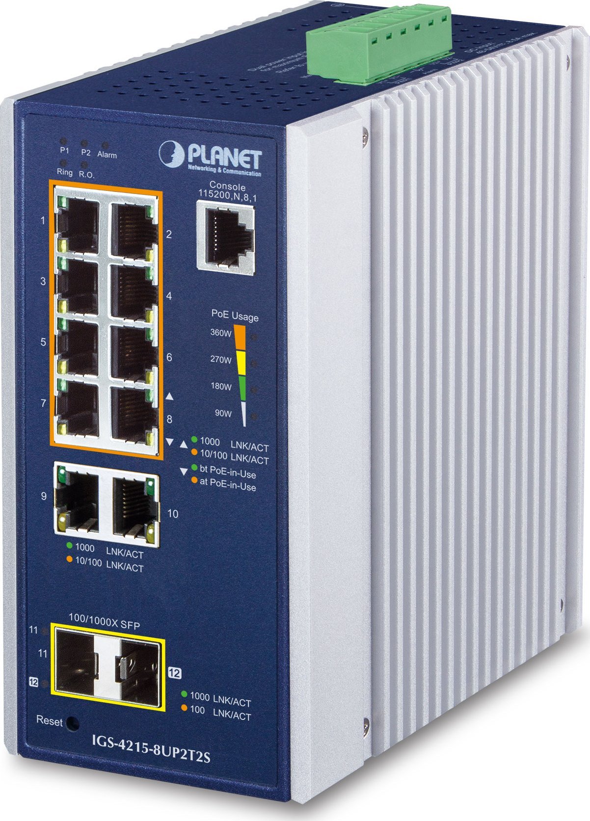 PLANET IGS-4215-8UP2T2S łącza sieciowe Zarządzany L2/L4 Gigabit Ethernet (10/100/1000) Obsługa PoE Aluminium, Niebieski