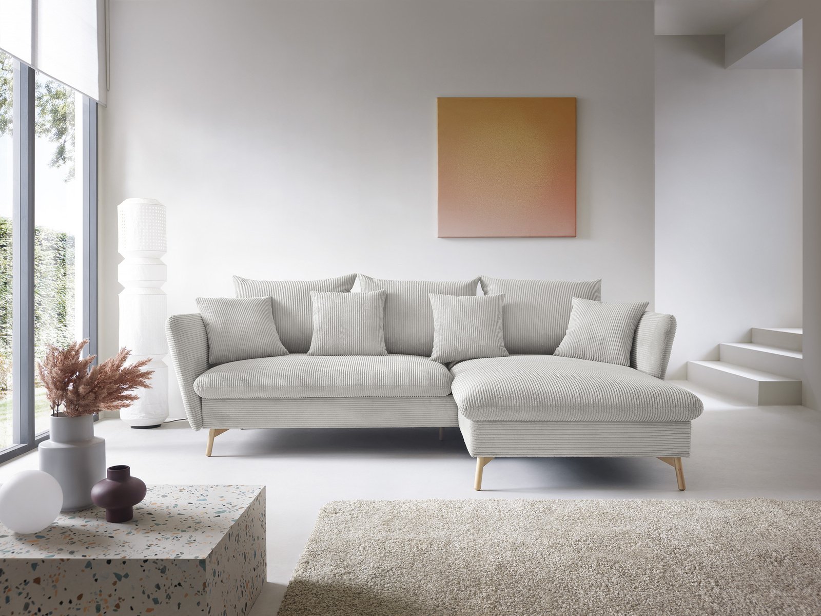 Narożnik skandynawski z funkcją spania MORRE Poso 100 Jasny Szary sztruks