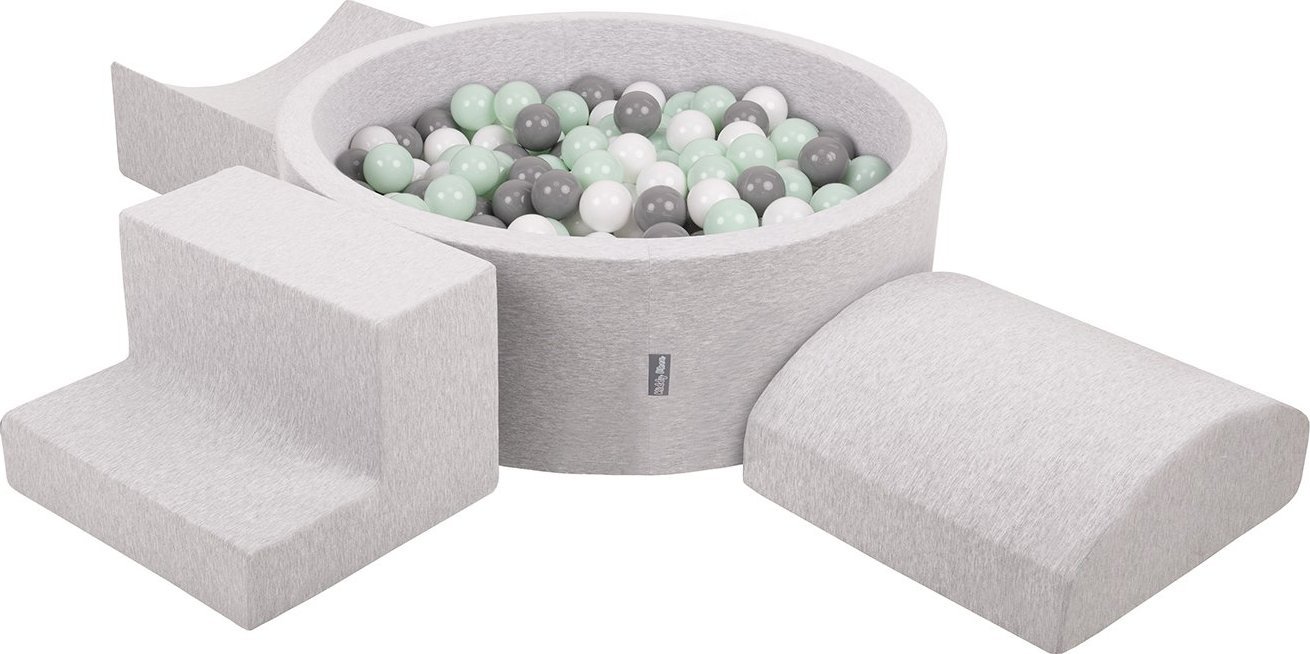 KiddyMoon KiddyMoon Piankowy plac zabaw PPZP-OK30D-134 z piłeczkami jasnoszary: biały-szary-mięta basen 300/rampa L/półwałek L/schodek Zabawka plac za