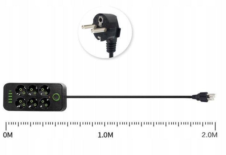 LISTWA ZASILAJĄCA PRZEDŁUŻACZ USB ANTYPRZEPIĘCIOWA 2M 6 GNIAZD 4 USB