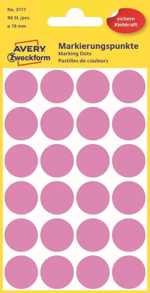 AVERY Avery 3117 Ø 18 mm, Lille format, uden belægning, 96 Etiketter, pink pink 165x85x1mm (96stk) - (96 pce pr. blister emballage)