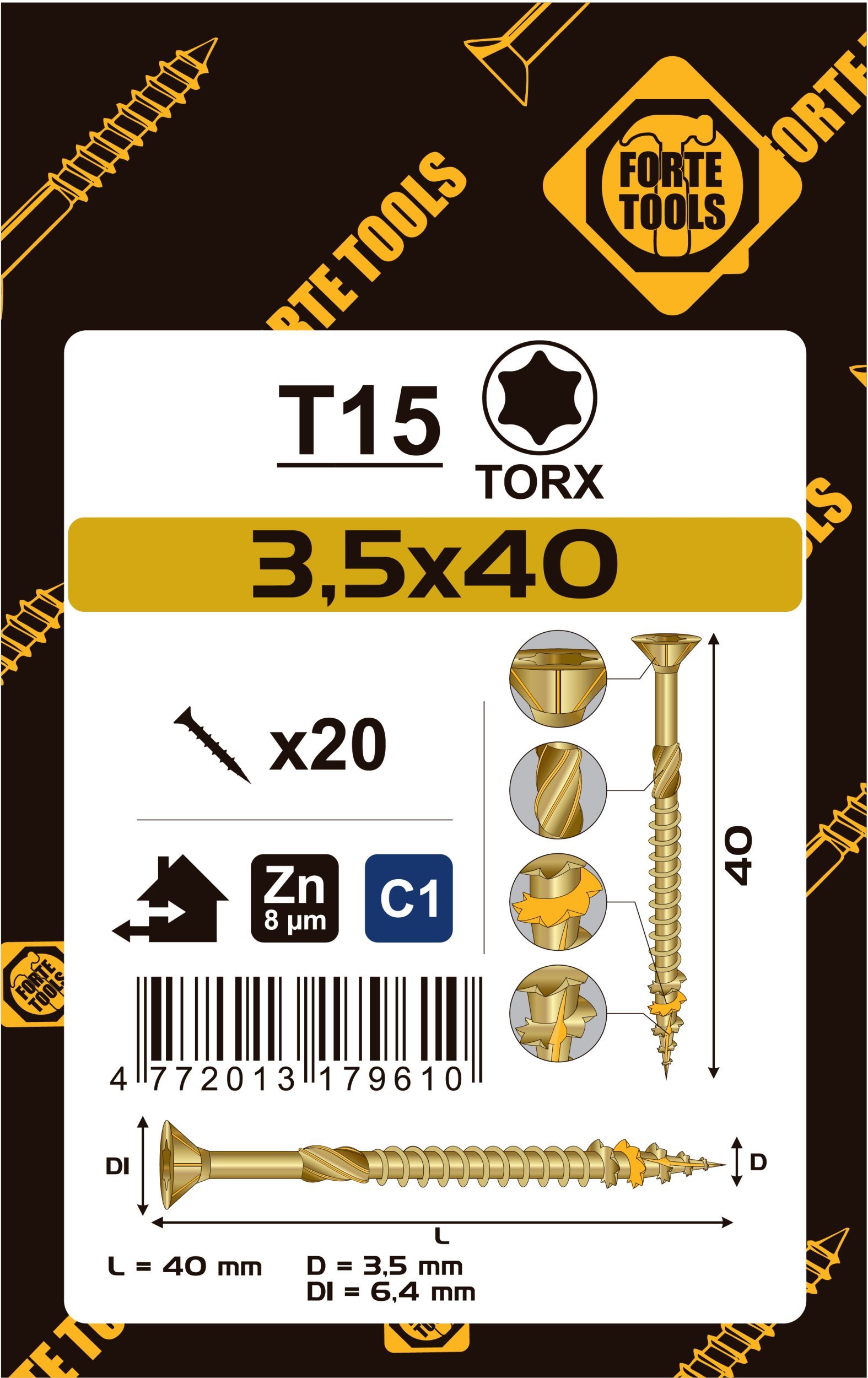 CHIPBOARD SCR T15 3.5X40 YELL ZN20PCS