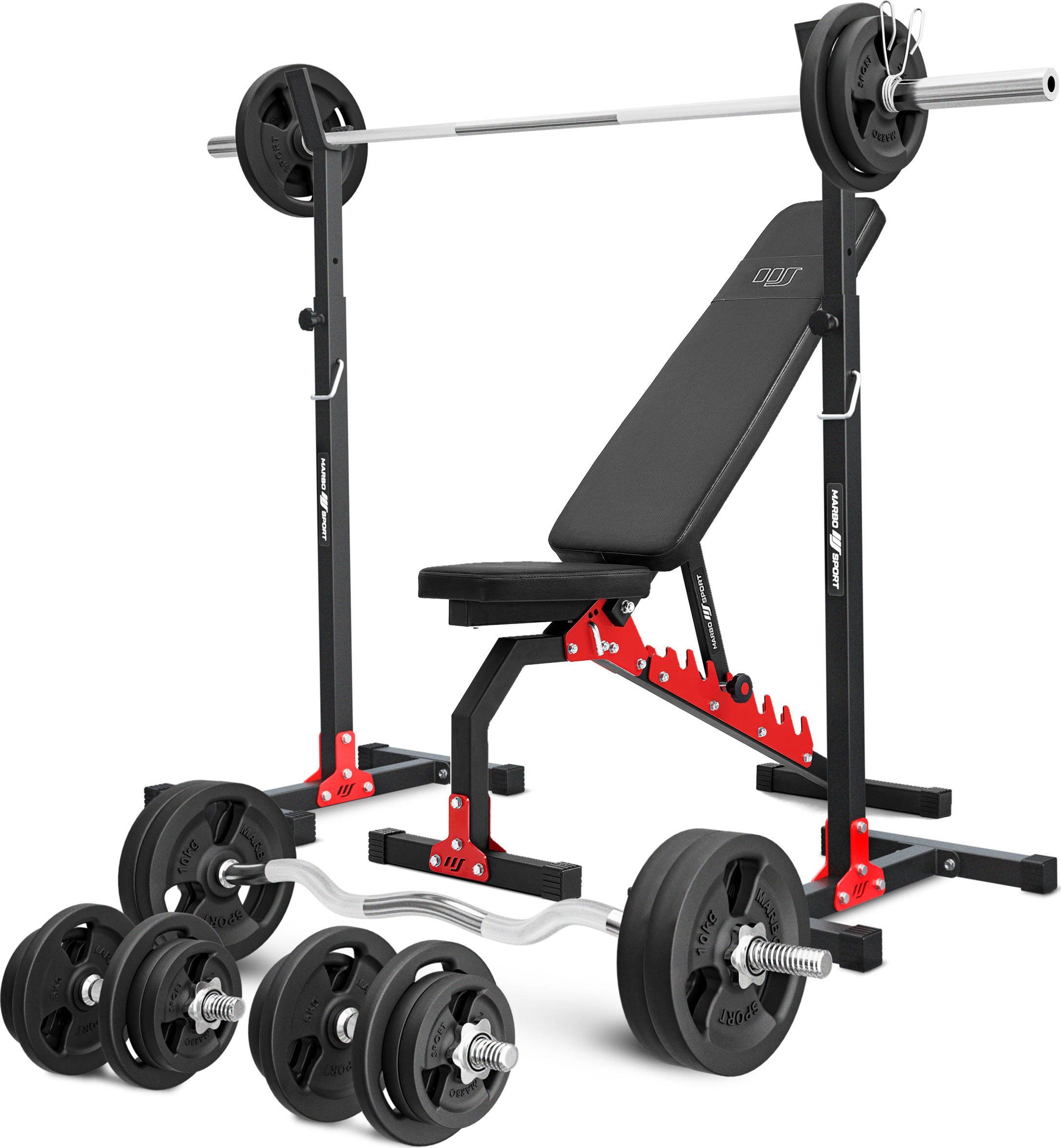 Zestaw MH7_140KG_KIER | Ławka dwustronna + stojaki regulowane + zestaw gryfów i obciążeń - Marbo Sport