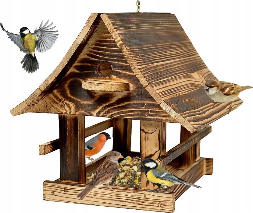 Solidny Drewniany KARMNIK XXL DLA PTAKÓW karmik opalane drewno 25x26x30CM