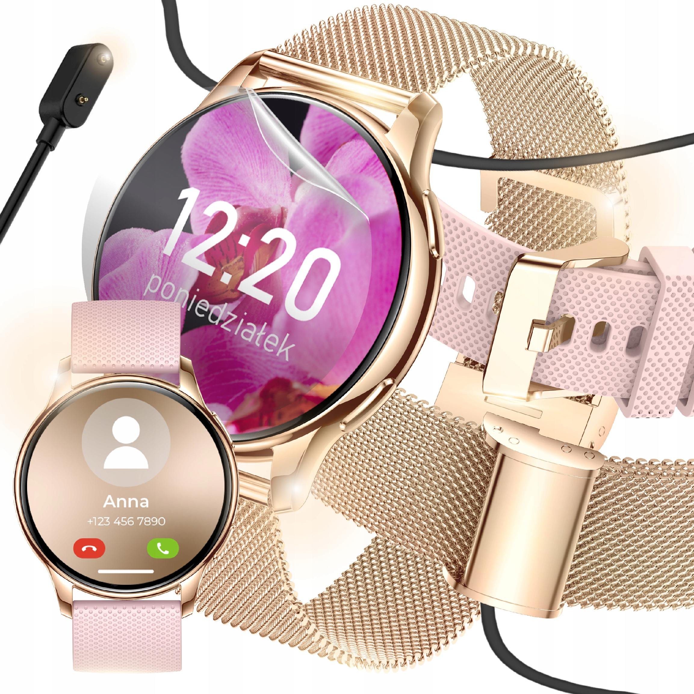 SMARTWATCH ZEGAREK DAMSKI POLSKIE MENU ROZMOWY POWIADOMIENIA SPORT ZLOTY