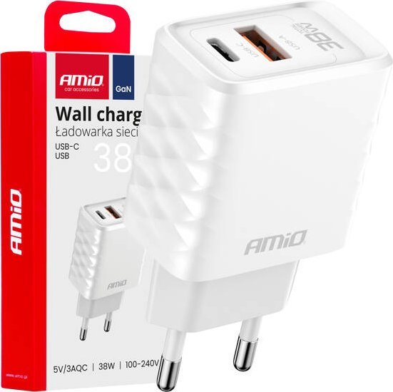 Ładowarka sieciowa Quick Charge GaN 38W USB-A + USB-C AMIO-04287