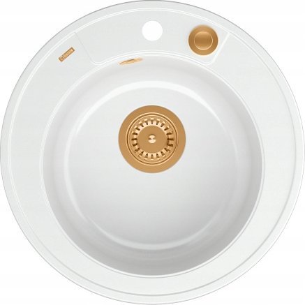 Zlewozmywak GraniteQ MORGAN 210 GraniteQ zlewozmywak snow white z syfonem Push To Open kol. miedziany okrągły 1-komorowy b/o + zaczepy 3 szt