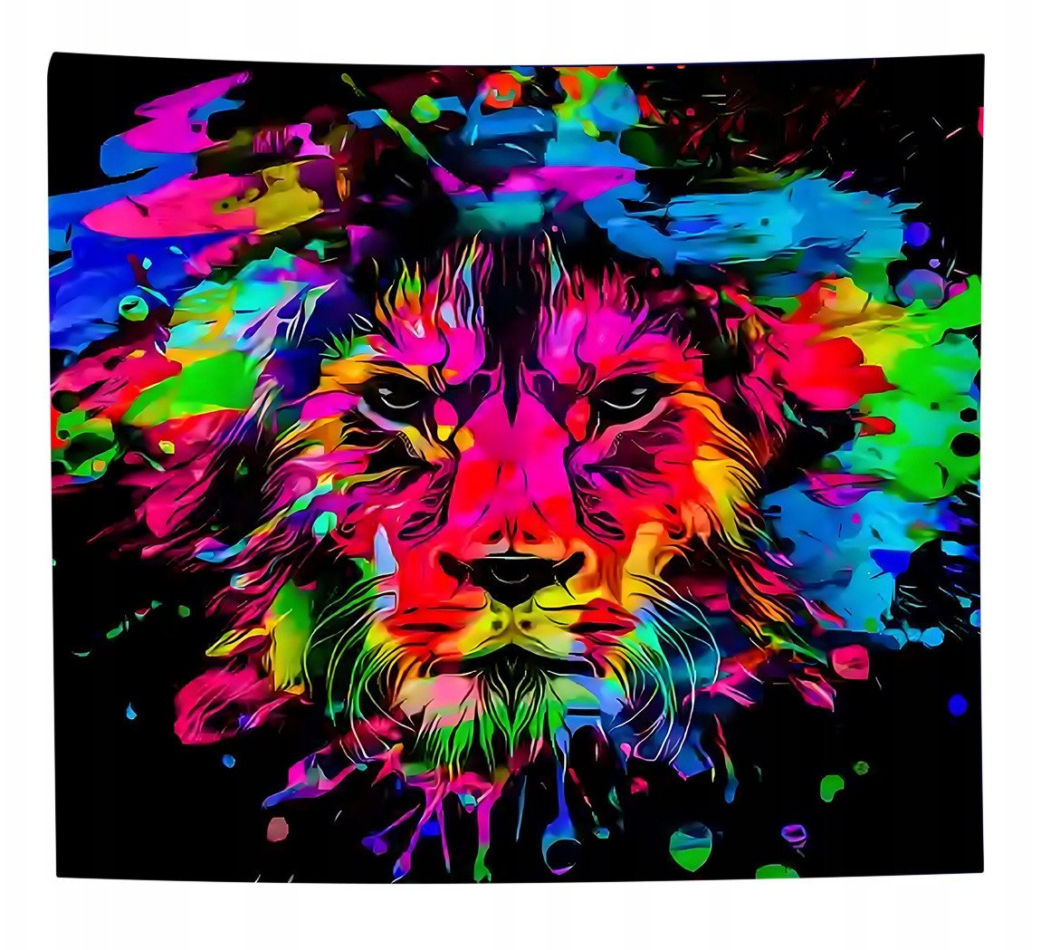 Dekoracja ŚCIENNA UV OBRAZ Fluorescencyjny GOBELIN ODBLASK 150x150cm Lew2