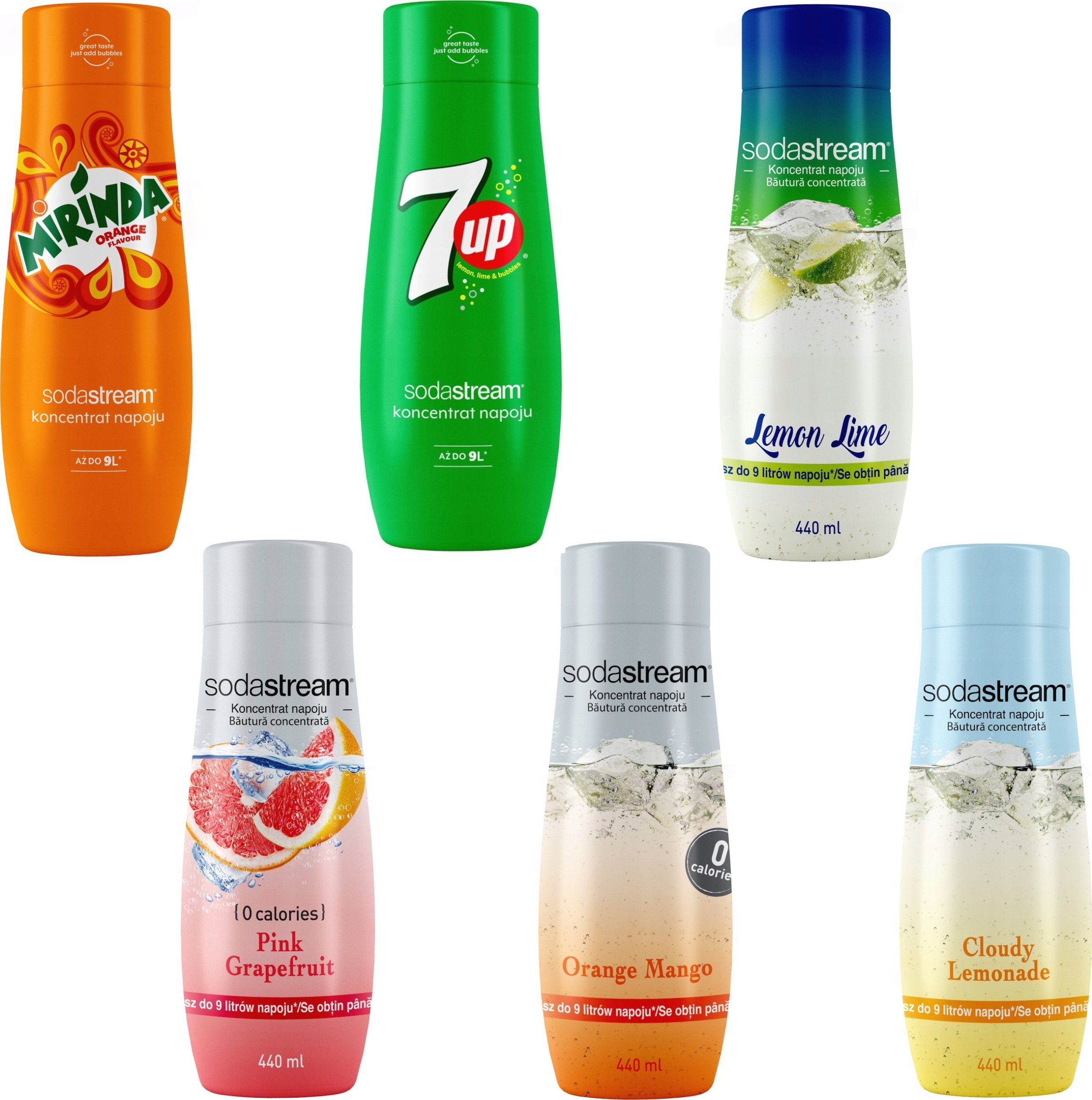 Zestaw 6 koncentratów SodaStream Mirinda+7UP+Lemon-Lime+Grapefruit+Orange-Mango+Lemonade
