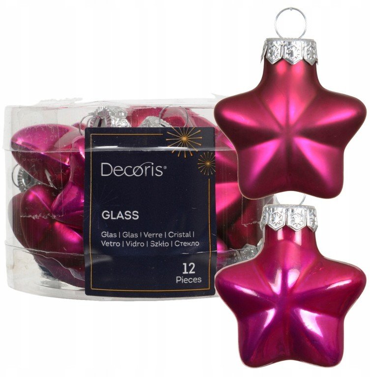 Zestaw 12 szklanych bombek kształt gwiazdki 4,5cm fioletowe mat i błysk