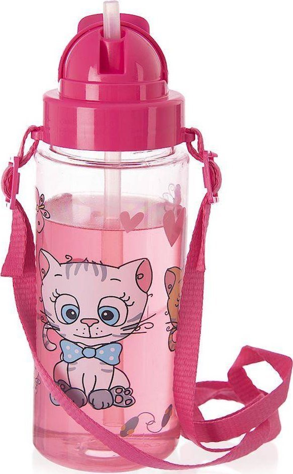 Orion Bidon butelka dziecięca zamykana ze słomką i paskiem różowa kotki TRITAN 490 ml
