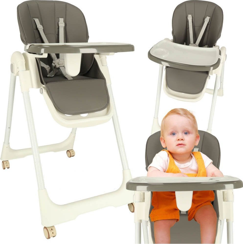 KIK Krzesełko do karmienia na kółkach z podstawką składane szare