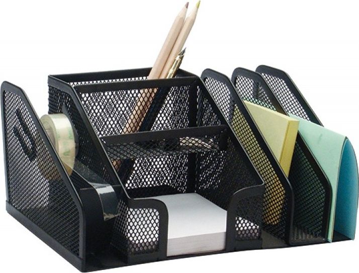 Q-Connect Przybornik na biurko Q-CONNECT Office Set, metalowy, 6 komór + dyspeneser do taśm, czarny