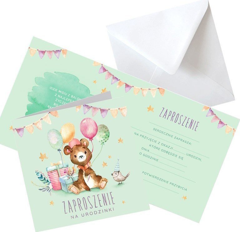 ZAPROSZENIA na Urodzinki Miś z balonikami 10szt (+koperty)
