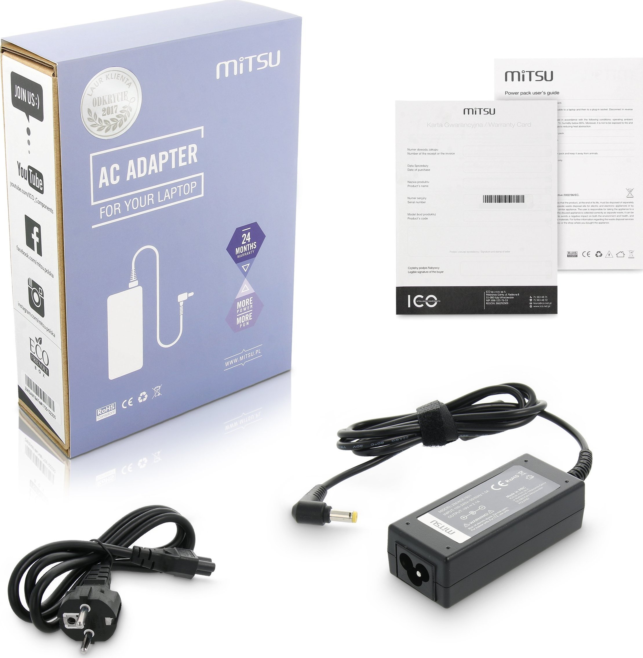 Zasilacz do laptopa Mitsu Zasilacz ładowarka do Acer 19v 2.1a 40W 5.5x1.7mm