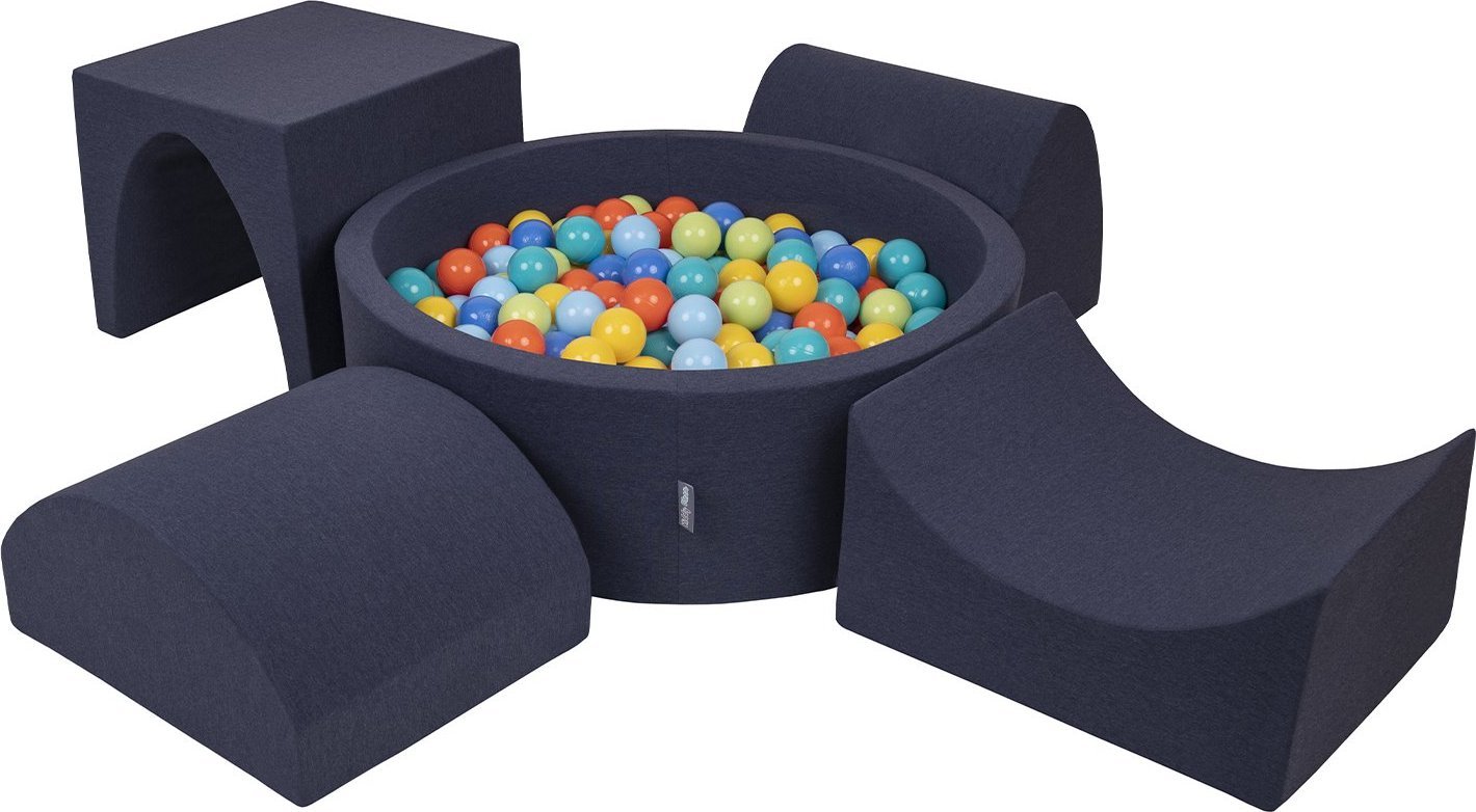 KiddyMoon Piankowy plac zabaw PPZP-OK30D-135 z piłeczkami granatowy: jasny zielony-pomarańcz-turkus-niebieski-babyblue-żółty basen 200/górka/tunel/ram