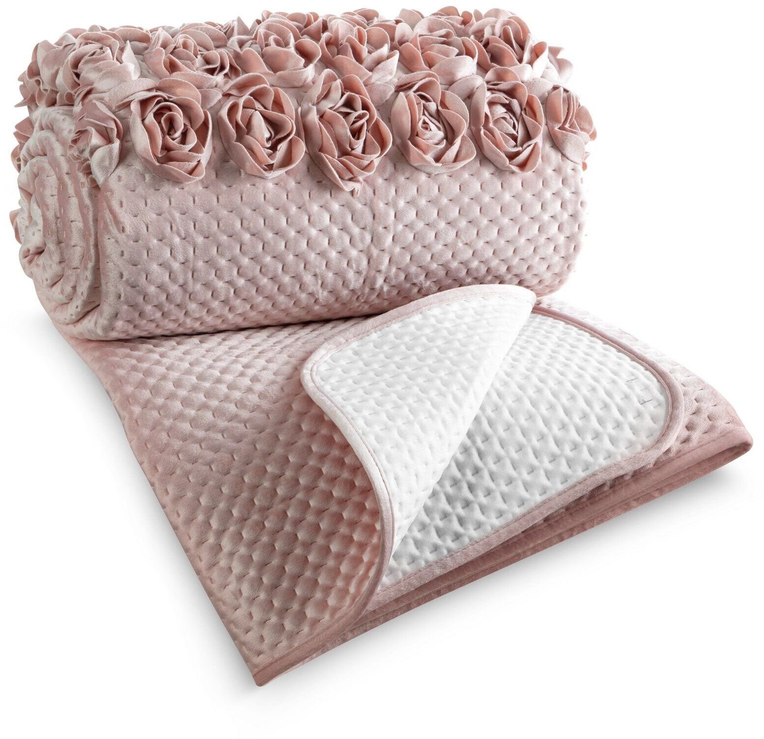 Narzuta welwetowa ROSES 220x240 cm pudrowa z aplikacją róż