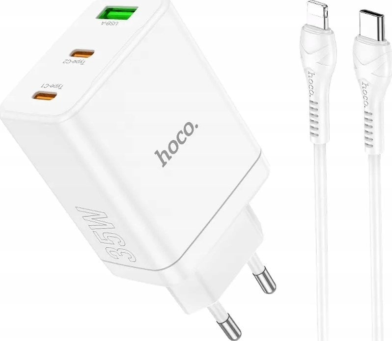 Ładowarka Hoco HOCO ładowarka sieciowa 2 x Typ C + USB A + kabel Typ C do Lightning PD QC3.0 3A 35W N33 biała
