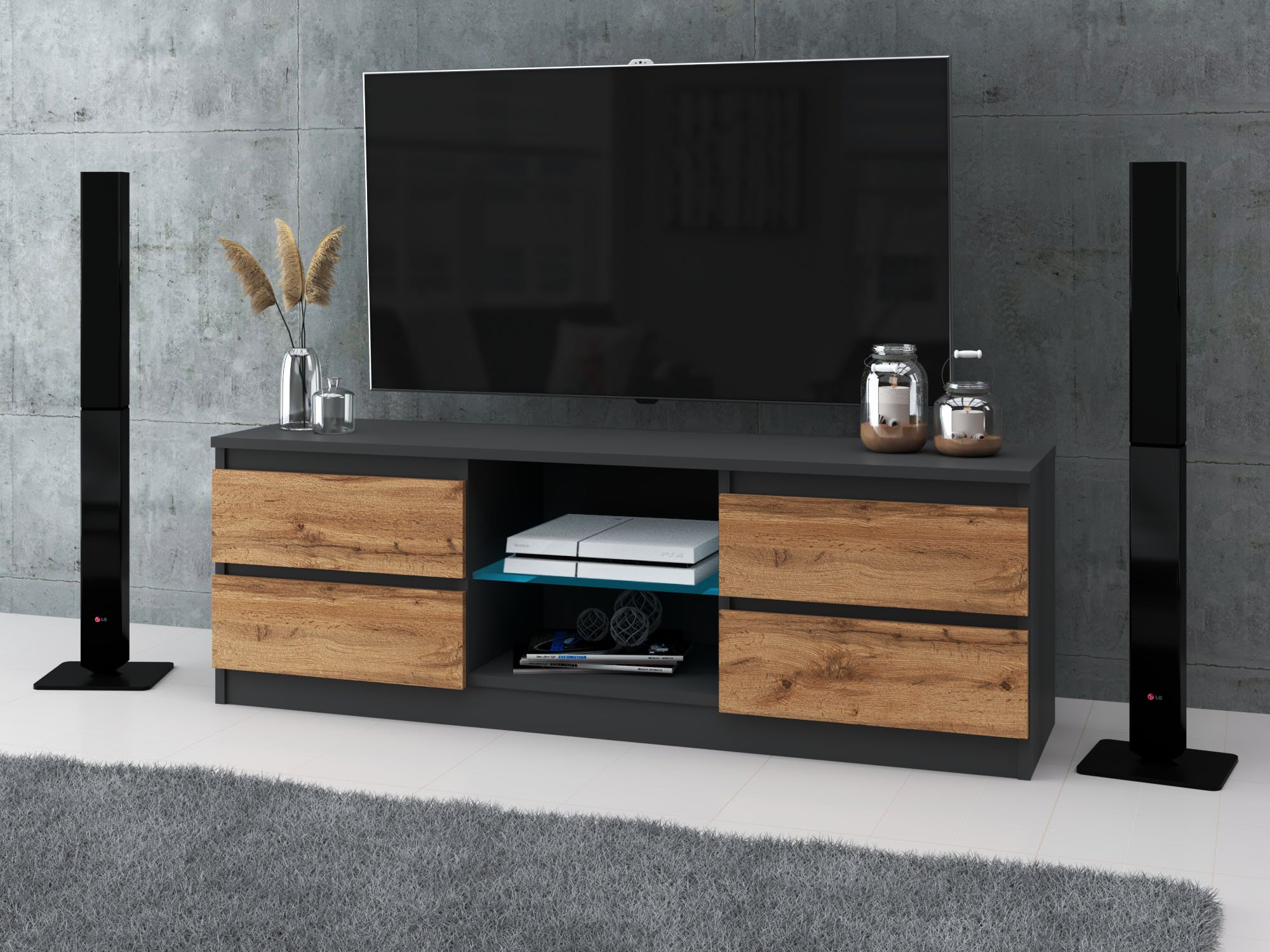 Szafka Rtv Loft Z 4 Szufladami 138cm Stolik Salon Sypialnia Szary Dąb Wotan