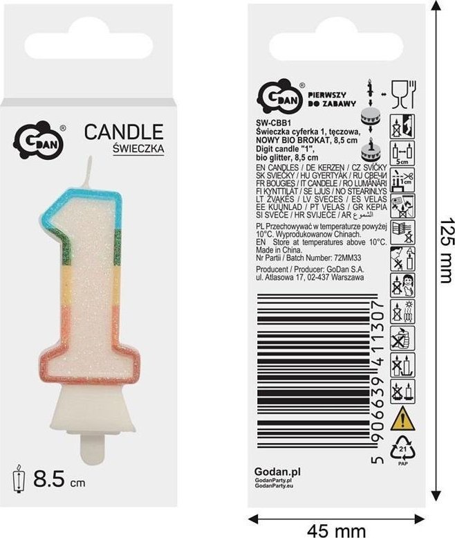 Świeczka cyfra 1 tęczowa 8,5cm