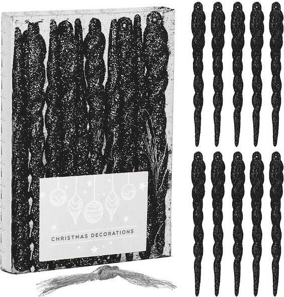 Springos Bombki choinkowe, sople 12 cm zestaw 10 szt. ozdoby świateczne, brokatowe, czarne UNIWERSALNY