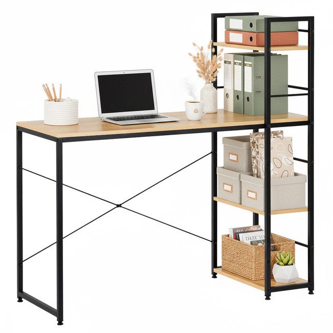 Biurko Springos Biurko komputerowe z regałem nowoczesny, loftowy stolik 120x48x122 cm jasnobrązowy UNIWERSALNY