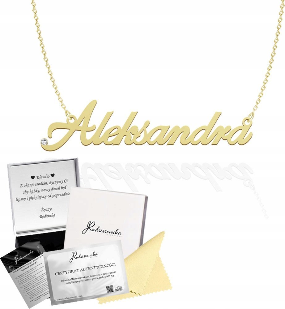 Radziszewska Jewellery Złoty Naszyjnik z imieniem ALEKSANDRA Łańcuszek SREBRO 925 DEDYKACJA GRATIS