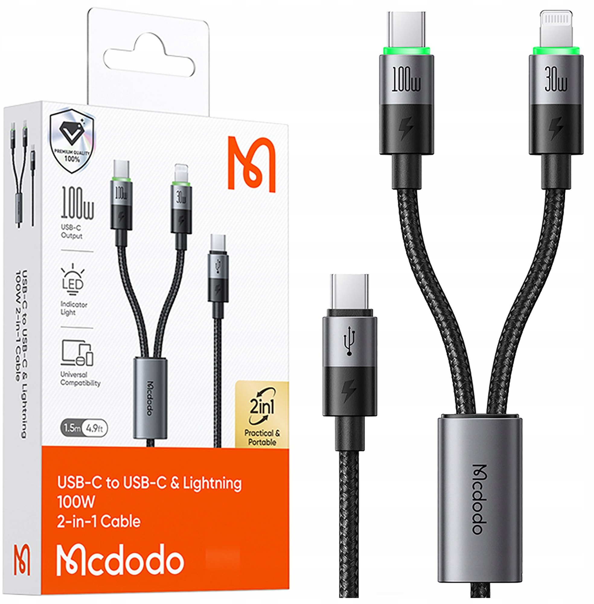 MCDODO KABEL USB-C 2W1 SZYBKIE ŁADOWANIE DO IPHONE 14 MACBOOK LED 100W 2M