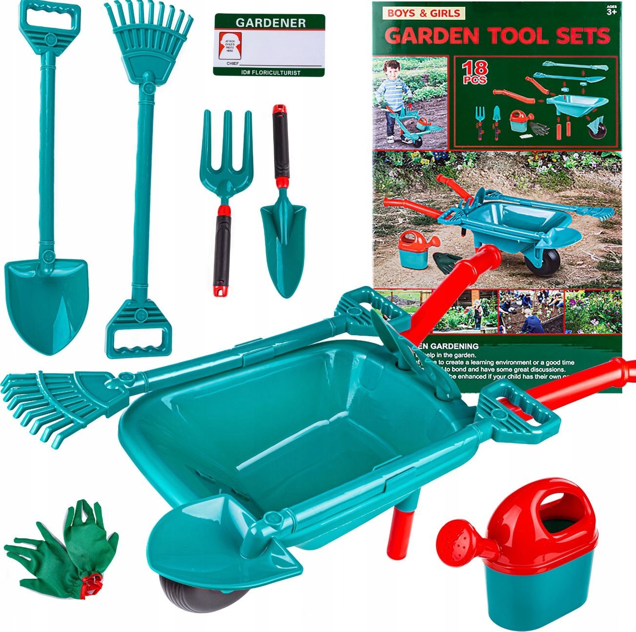 Zestaw Narzędzi Ogrodniczych Dla Dzieci Taczka Grabie Łopatka Szpadel 18 El