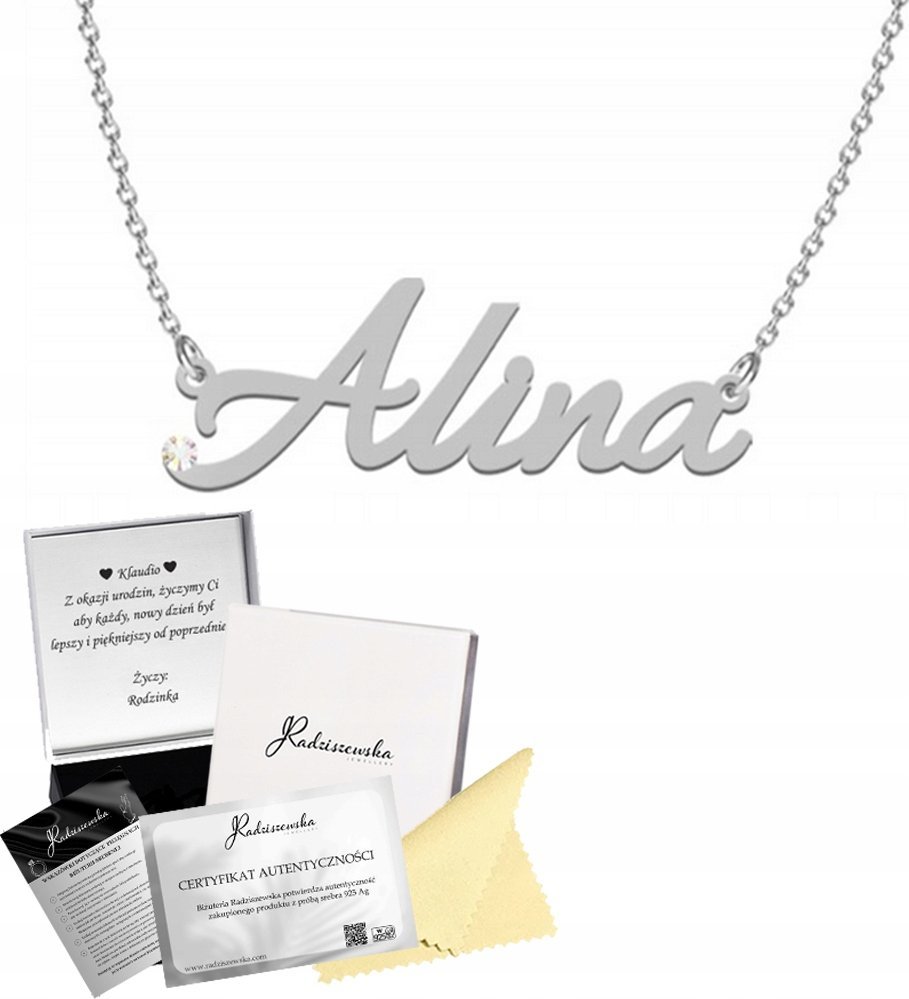 Radziszewska Jewellery NASZYJNIK SREBRNY Z IMIENIEM ALINA 925 PREZENT ŁAŃCUSZEK DEDYKACJA GRATIS