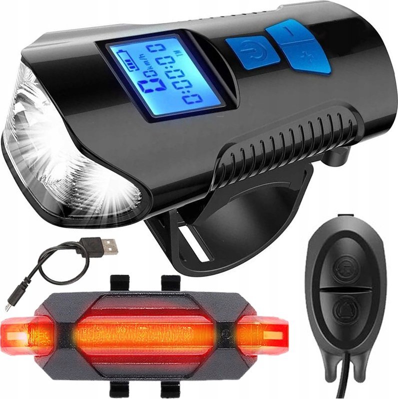 LAMPKA ROWEROWA PRZEDNIA Z PRĘDKOŚCIOMIERZEM + TYLNA LED CBL-1X