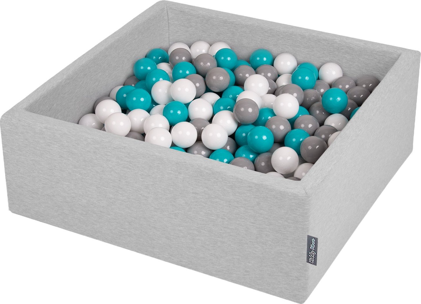 KiddyMoon KiddyMoon Suchy basen kwadratowy z piłeczkami 7cm jasnoszary: szary-biały-turkus 90x30cm/200piłek Zabawka basen piankowy