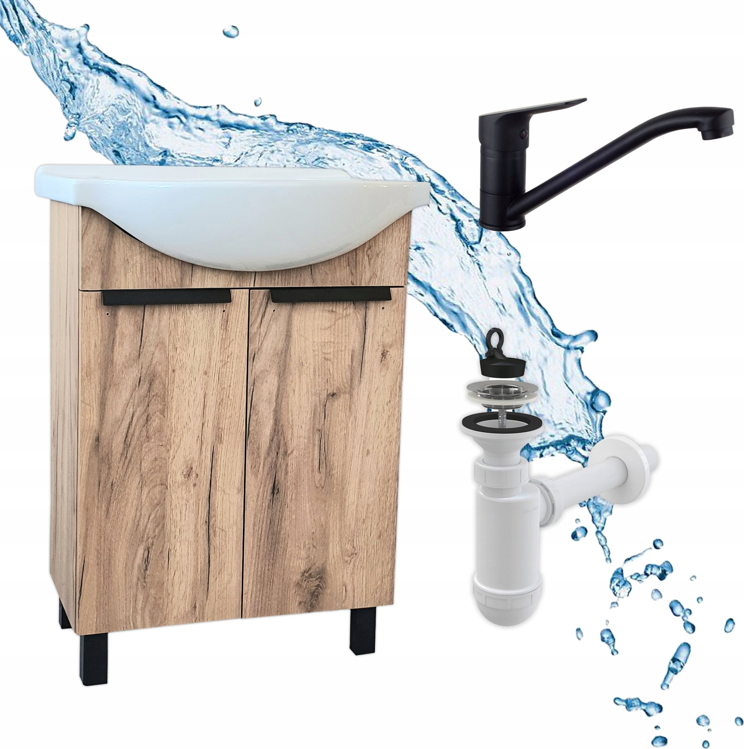 Stamar Szafka Stojąca do Łazienki Dąb Złoty z Umywalką 60 Bateria Obrotowa Syfon