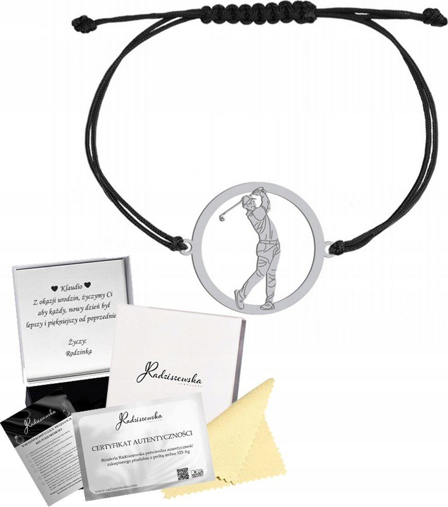 Radziszewska Jewellery Golf Bransoletka Srebrna Sznurek 925 Prezent Biżuteria GRAWER DEDYKACJA
