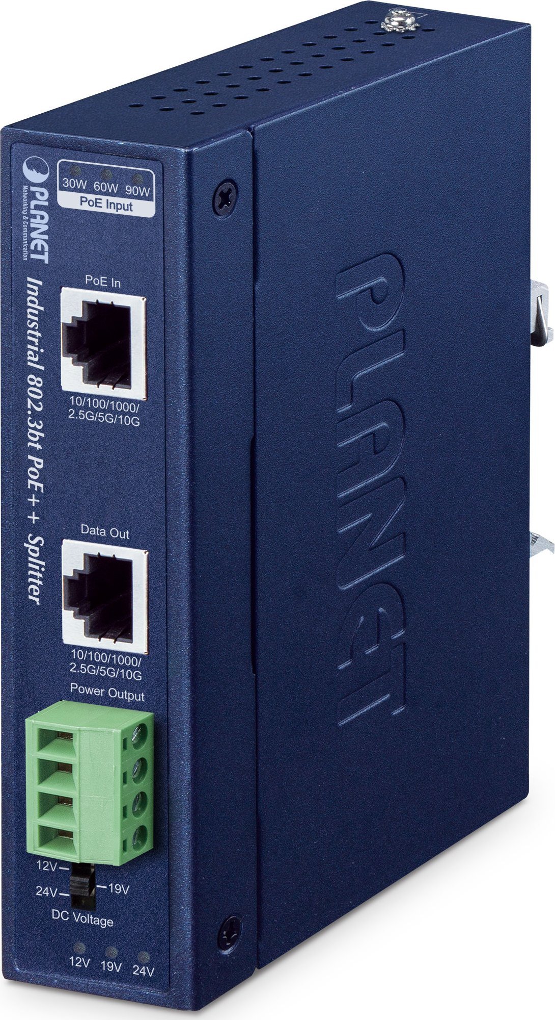 PLANET IP30 Industrial Single-Port 10Gbps 802.3bt PoE++ Splitter 24 V