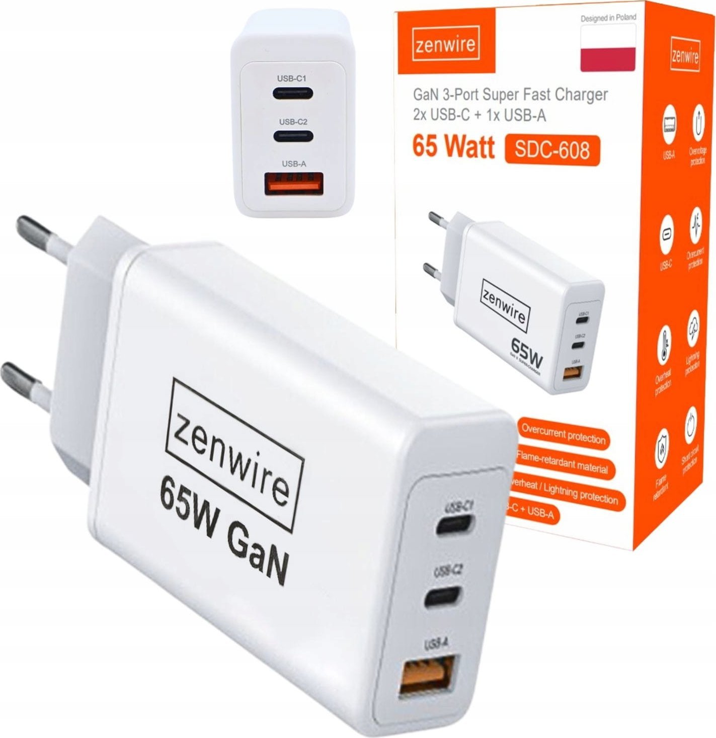 Ładowarka Zenwire Szybka Ładowarka Sieciowa Kostka GAN 3.0 65W 2x USB-C USB-A do iPhone Quick Charge Zenwire SDC-608