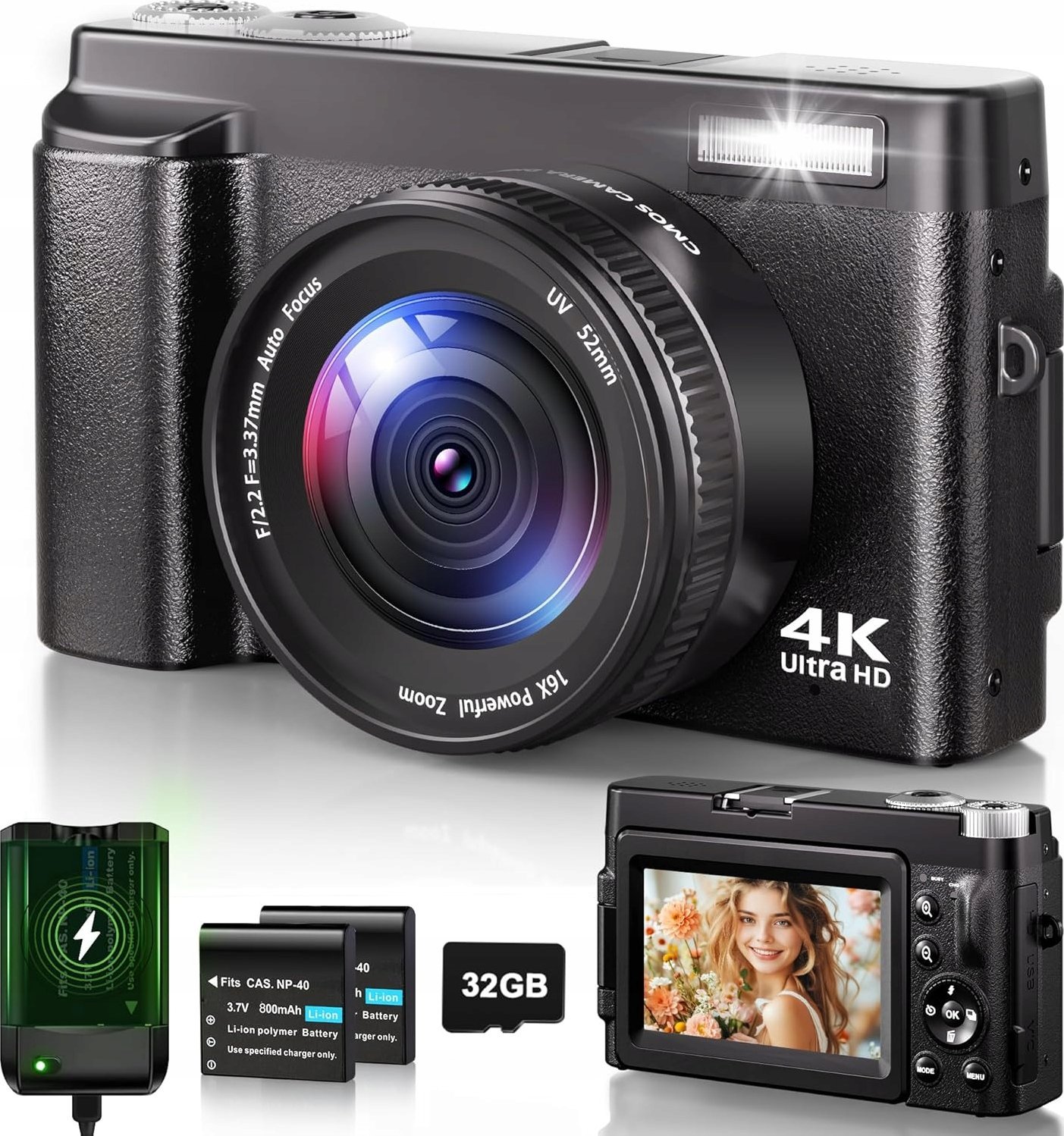 IXNAIQY DC101 Aparat cyfrowy 4K 48MP 16x zoom kompaktowa kamera 800mAh 32G