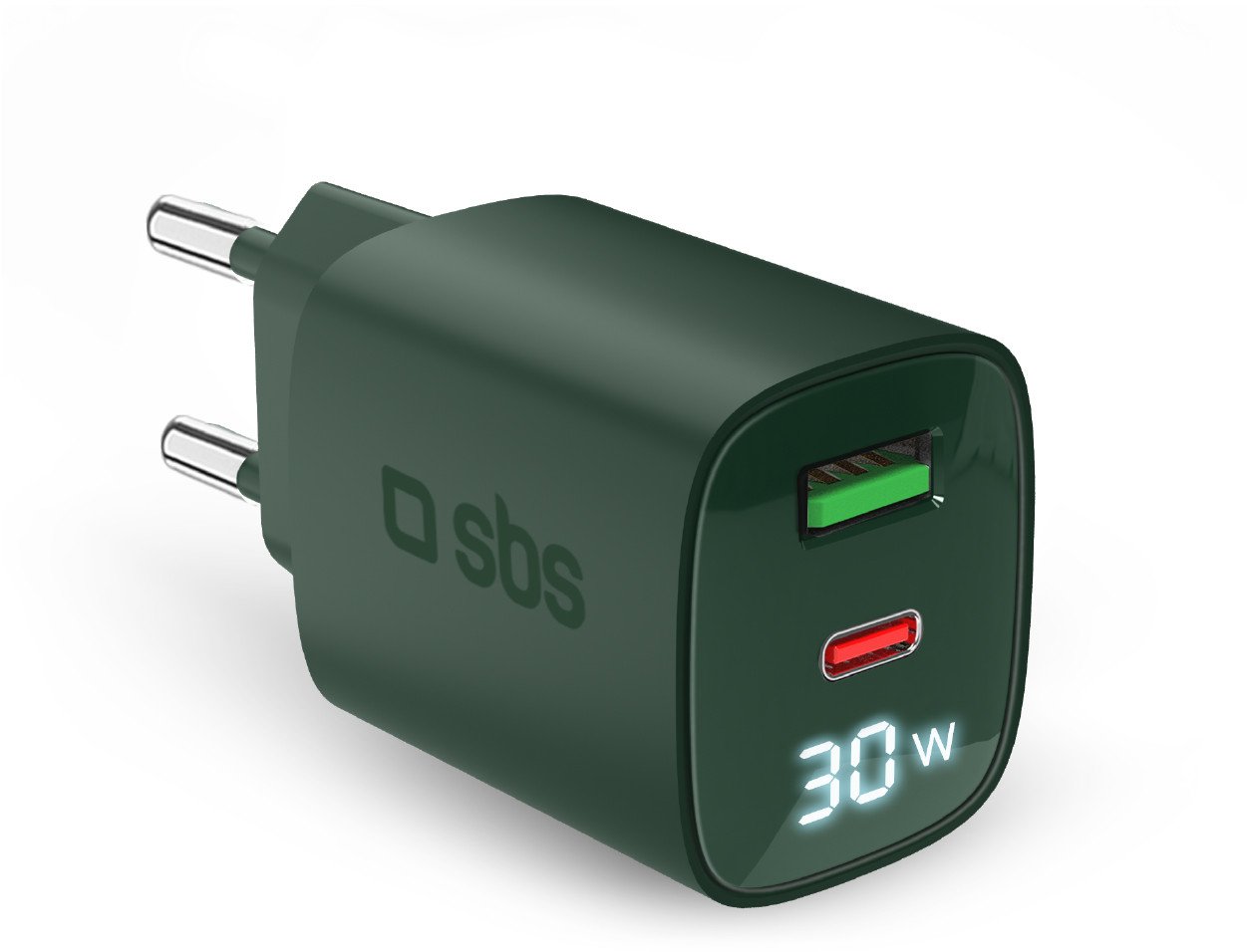 SBS LCD Wall Charger USB-A USB-C LCD 30 W zala - Ladetajs