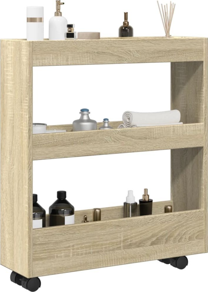 vidaXL Wąski wózek pomocniczy, 3-poziomowy, dąb sonoma