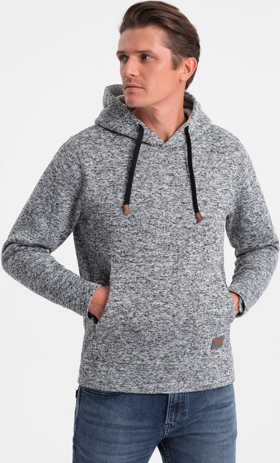 Ombre Bluza męska nierozpinana kangurka z kapturem - szary melanż V1 OM-SSNZ-0147 L