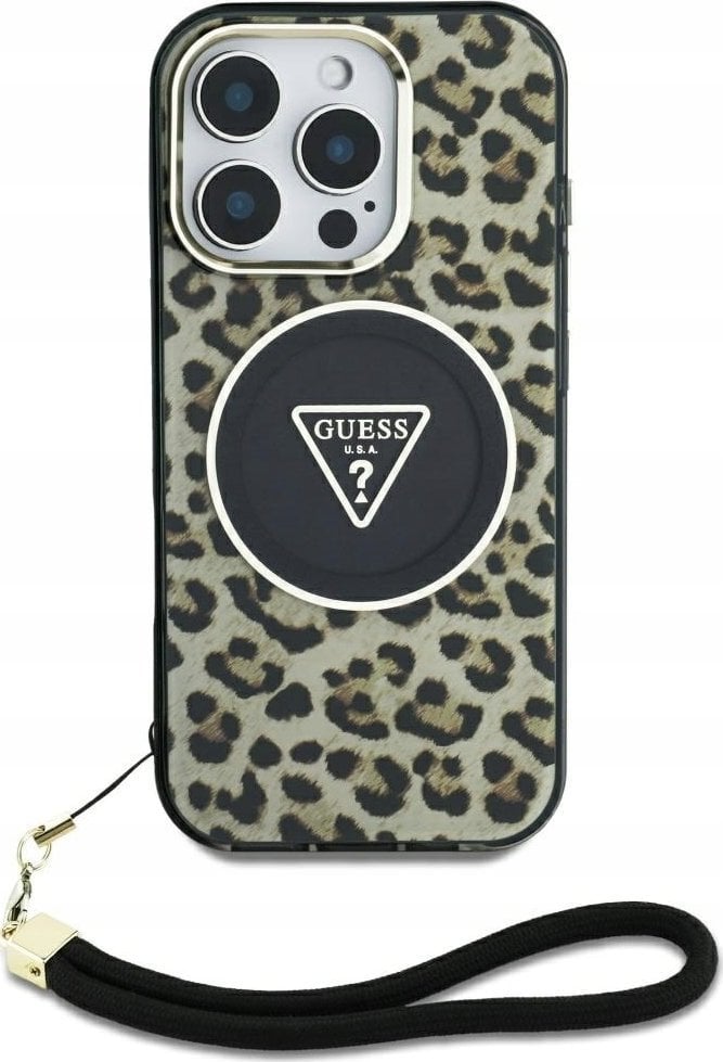 Guess HC IML Leopard Triangle Cord Strap Case for iPhone 16 MagSafe Brown