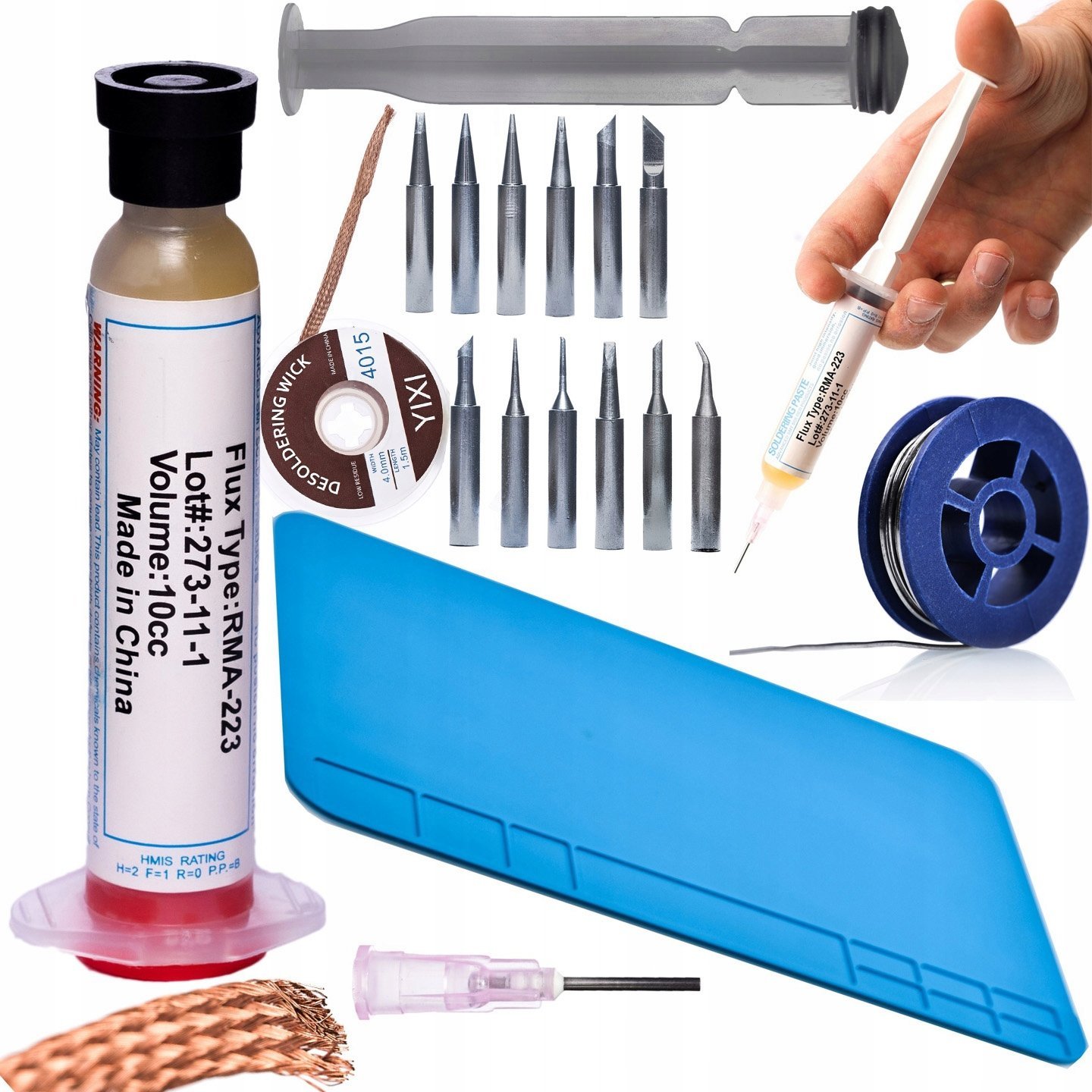 Rosfix Rosfix Topnik flux lutowniczy RMA-223 z tłoczkiem i igłą+Cyna lutownicza 0,8mm 10g+12 grotów lutowniczych 900M+plecionka 3,5x1,5m+Mata 30x20