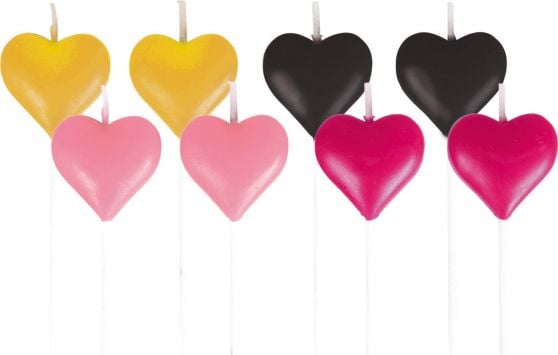 figurka świece serce 7 cm żółty/czarny/różowy 8 sztuk