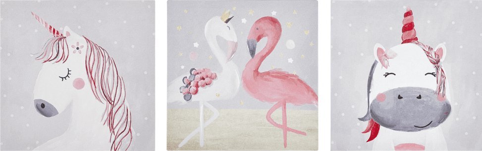 Beliani Zestaw 3 obrazów na płótnie zwierzęta 30 x 30 cm szaro-różowy TIMIA